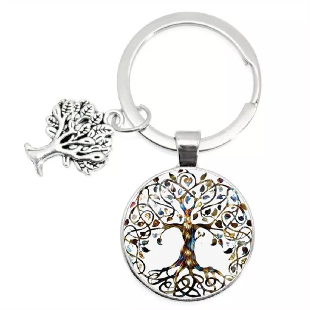 Silver Tree of Life Bohemian Art Colorful Pendant Circle Key Ring Key Holder